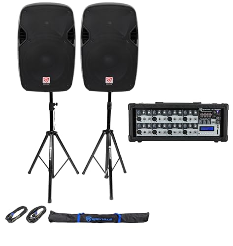 Rockville SPGN124 12" Passive DJ PA Speaker Pair with RPM85 Bluetooth Mixer | 1200W Peak / 300W RMS Each, 4-Ohm, 8 Channel Powered, USB, 5 Band EQ, Effects, RVSS2 Tripod Stands, 2 SpeakOn Cables, 4-Items