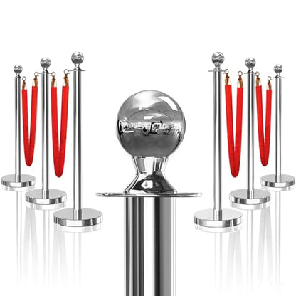 6PCS Silver Stanchions Posts with 4PCS 5 ft Red Velvet Rope, Red Velvet Rope Stanchion Set Crowd Control Barriers, Stanchions and Velvet Ropes Red Carpet Poles for Party Supplies - color: Silver, size: 6