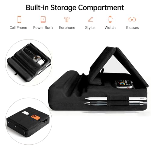 Tablet Pillow Stand with Storage, Foldable iPad Holder for Lep, Bed, Sofa, and Desk - Soft Pad Dock with Pocket and Stylus Mount Compatible with 4-13" iPad Pro/Air/Mini, Galaxy Tab, Kindle - color: Black