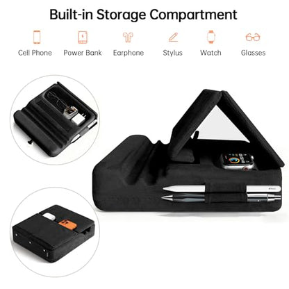 Tablet Pillow Stand with Storage, Foldable iPad Holder for Lep, Bed, Sofa, and Desk - Soft Pad Dock with Pocket and Stylus Mount Compatible with 4-13" iPad Pro/Air/Mini, Galaxy Tab, Kindle - color: Black