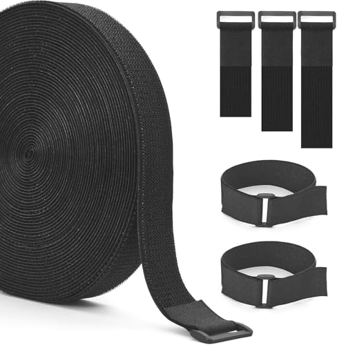 1.5In x 39Ft Cinch Straps Nylon Heavy Duty with 50 Buckles, Cut to Length, Black Hook and Loop Straps, Reusable Long Cable Ties for Storage and Cord Organizer - size: 1.5In x39Ft Black