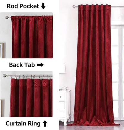 Benedeco Burgundy Red Velvet Blackout Curtains 52x63, Back Tab, 2 Panels | Elegant Room Darkening Thermal Insulated Energy Saving Noise Reducing Velvet Window Drapes for Living Room, Bedroom