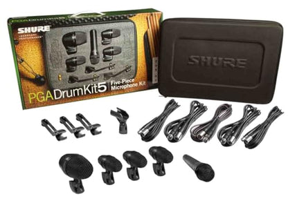 Shure PG ALTA 5-Piece Drum Microphone Kit for Performing and Recording Drummers - Includes Mics, Mounts and Cables with Options for Kick Drum, Snare and Tom (PGADRUMKIT5) | 5-piece microphone kit with XLR cables and drum mounts for live performance, studi