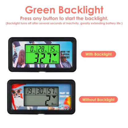 9999-Day Countdown Clock with 10 Cards for Wedding and Vacation | Shows total days, hours, minutes and seconds; 10 swappable paper themes, magnetic frame, 12/24-hour clock, 1-minute alert - color: Black Case, Green Light