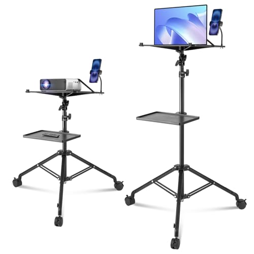 VEVOR Projector Stand with Wheels, Laptop Stand Tripod Adjustable Height from 31.3 to 67.3", Projector Tripod Stand with 2 Trays & Gooseneck Phone Holder, for Outdoor Movies, Home, Office or Studio - size: Tripod with Wheels
