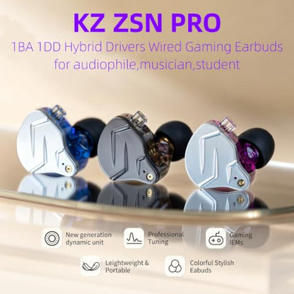 KZ ZSN Pro in Ear Monitor Headphones, 1BA 1DD Hybrid Driver Wired Gaming Earbuds, Deep Bass Sound Wired Ear Buds, HiFi IEM for Gaming Music Video Calling Singer Musician Drummer DJ (with mic, Blue) - color: Blue, style: with mic