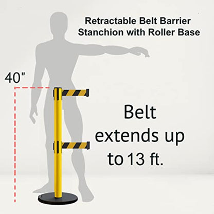 MSE630D 2 Retractable 13 Ft Red Dual Belt Barrier Stanchions | Rolling Base and Yellow Steel Post - color: Red