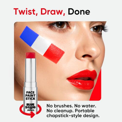Blue Squid PRO Red White Blue Face Paint Stick - Waterproof Body Paint For Adults & Kids Eye Black Baseball, Eyeblack Softball - Hypoallergenic Twist-Up Non-Toxic Makeup Stick - Cosplay, Sports & SFX - color: Red, White & Blue