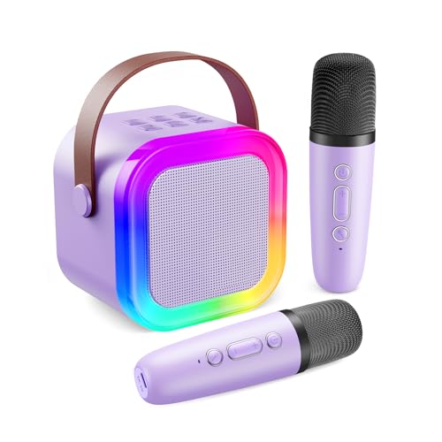 Karaoke Machine for Kids Adults, Mini Karaoke Machine with 2 Wireless Microphones, Portable Bluetooth Speaker with Voice Changing Effects & LED Lights, Best Gifts Toys for Girls and Boys - color: Purple