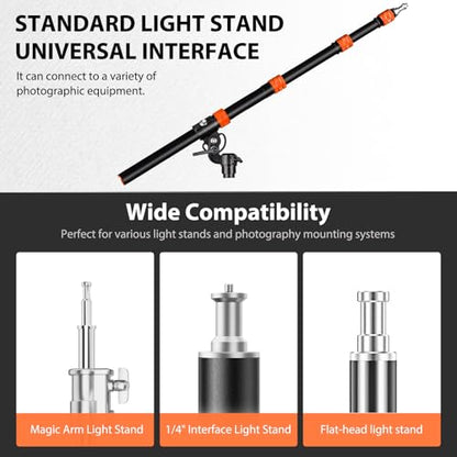 Extension Boom Arm, 21.2"-64" Adjustable Telescoping Arm for Light Stand | 360° Rotation & 135° Tilt, Rear Hook with Sandbag, Quick Lock Knobs and 1/4"-3/8" Screw for Flexible Studio Lighting - color: Orange