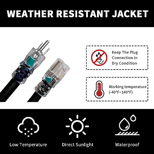 1 Ft Black Outdoor Extension Cord with Lighted End Weatherproof 12 Gauge | UL Certified 12/3 SJTW Cable, 15A Rated, Suitable for Lights, Lawn Tools and Short Connections - size: 1FT, style: 12/3