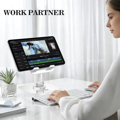 OCYCLONE iPad Stand, 360° Rotating Adjustable Foldable iPad Tablet Stand Holder for Desk Compatible with Kindle Tablet iPad 4" - 15.6" Portable Monitor Stand, White - color: White