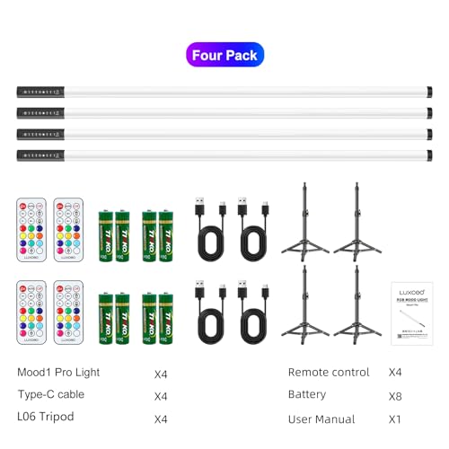 4 Pack 4ft Portable Battery Powered Tube Light 120cm Handheld LED RGB Lights Tube with Tripods, 500 Vivid Effects for Video and Photography,Light Painting,YouTube,Video and Dance Club