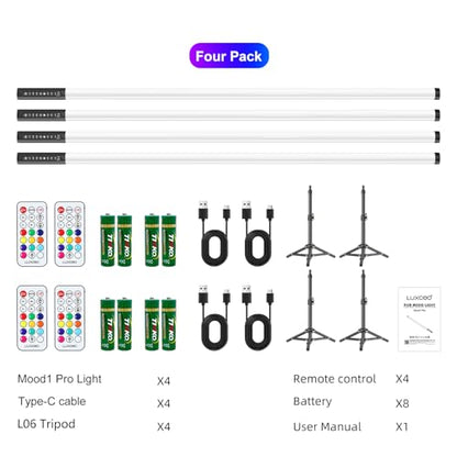 4 Pack 4ft Portable Battery Powered Tube Light 120cm Handheld LED RGB Lights Tube with Tripods, 500 Vivid Effects for Video and Photography,Light Painting,YouTube,Video and Dance Club
