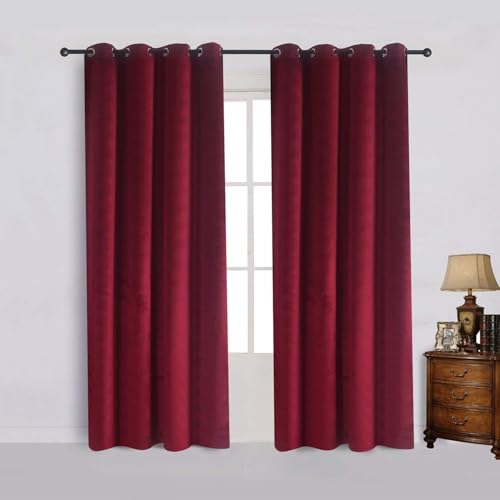 Velvet Curtain Set of 2 Velvet Room Darkening Blackout Curtain Panel Drapes Drapery 52 Inch Wide by 108 Inch Length with Grommet, Burgundy(2 Panels) Theater| Bedroom| Living Room| Hotel - color: Burgundy, size: 52Wx108L