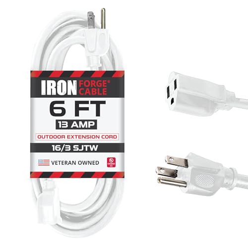 Iron Forge Cable 16 Gauge Heavy Duty White Extension Cord, 6 Ft - SJTW | 16/3 SJTW Cable, 3 Prong Grounded Plug, 13 Amp - For Landscaping, Leaf Blowers, Lights, Appliances - size: 6 Foot
