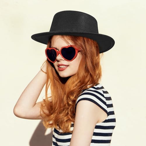 Fashion Classic Black Fedora Hats + Red Heart Sunglasses Costume Outfit - Flat Wide Brim Church Cap Jazz Hat - style: Kids