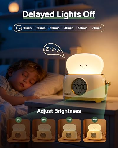 Alarm Clock for Kids, Cute Toast Night Light Alarm Clocks for Bedrooms, Dimming Rechargeable Small Led Desk Clock with Snooze & Countdown for Room Decor, Bedside Clock for Teen Girls Boys
