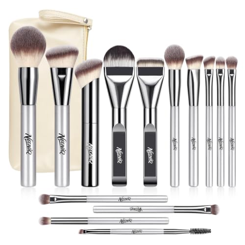 14 PCS Professional Makeup Brushes Set with Travel Cosmetic Bag（Silver） | Luxe Soft Synthetic Face & Eye Makeup Brush Kit for Foundation, Powder, Blush, Concealer, Eyeshadow, Contour, Eyebrow - color: 14PCS-0-Silver