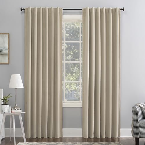 Sun Zero Hampshire Velvet Noise Reducing Thermal Extreme 100% Total Blackout Back Tab/Rod Pocket Curtain Panel, Ecru Off-White, 50" W x 108" L (1 Panel) - color: Ecru Off-white, size: 50"W x 108"L (Pack of 1)