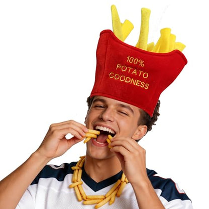 Funny French Fries Novelty Hat with 100% Potato Goodness Embroidery. Fun Fast Food Costume Accessory for Theme Parties & Holiday Events
