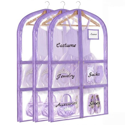 Nuenen 3 Pack Dance Garment Bags for Costumes Clear Dance Recital Organizer with Pockets & Labels, 40 Inch PVC Hanging Costume Bag for Competition Travel, Garment Bag with Compartments(Purple) - color: Purple