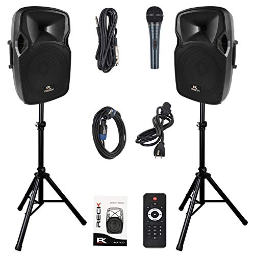RECK Party 12 12-Inch 1000 Watts 2-Way Powered PA Speaker System Combo Set with Bluetooth/USB/SD Card Reader/FM Radio/Remote Control/Speaker Stand