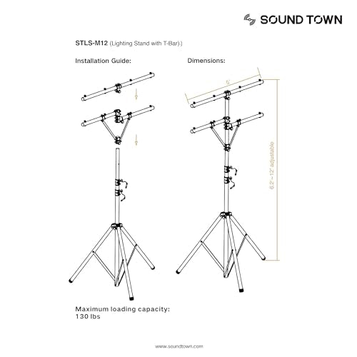 Sound Town DJ Lighting Stand, Height Adjustable, 12 ft Tall, with Side Bars and Tripod Base (STLS-M12) - color: Matte Black, size: 12ft