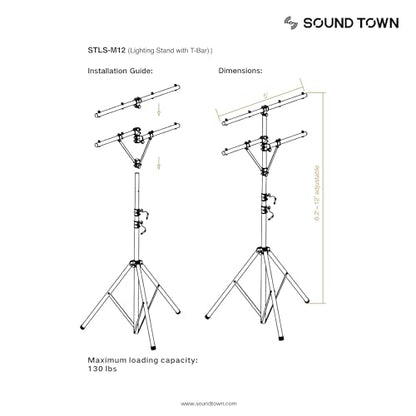 Sound Town DJ Lighting Stand, Height Adjustable, 12 ft Tall, with Side Bars and Tripod Base (STLS-M12) - color: Matte Black, size: 12ft