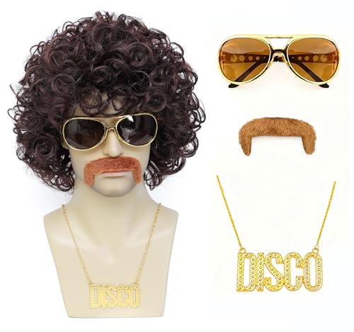 ByouByou Men's Afro Curly Wig Set with Mustache Sunglasses Necklace, 70s 80s Retro Disco Costume Kit, Synthetic Curly Wig for Halloween Cosplay Party, Dark Brown - color: Dark Brown