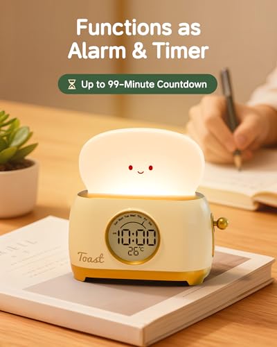 Alarm Clock for Kids, Cute Toast Night Light Alarm Clocks for Bedrooms, Dimming Rechargeable Small Led Desk Clock with Snooze & Countdown for Room Decor, Bedside Clock for Teen Girls Boys