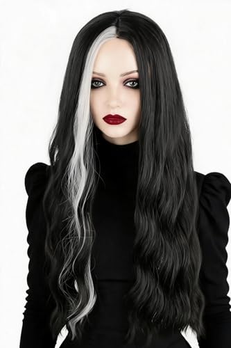 Women Long Wavy Black with Single White Streak Wig Gothic Vampire Cosplay Synthetic Hair Wig for Halloween Costume Party | Halloween Party, Cosplay Costume, Gothic Style, Vampire Theme - color: Black/White