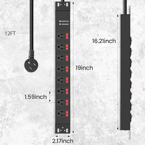 Jgstkcity Rack Mount PDU Power Strips,8 Outlet Surge Protector,Individual Switches,1.5U Rackmount Server Racks,14AWG Heavy Duty Extension Cord,15A 125V 1875W (Standard Power Cord, 12 FT Cable) - size: 12 FT Cable