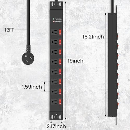 Jgstkcity Rack Mount PDU Power Strips,8 Outlet Surge Protector,Individual Switches,1.5U Rackmount Server Racks,14AWG Heavy Duty Extension Cord,15A 125V 1875W (Standard Power Cord, 12 FT Cable) - size: 12 FT Cable