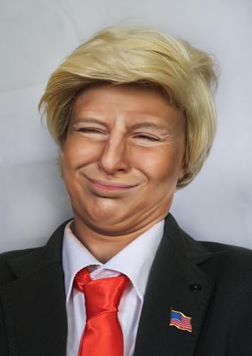 ALLAURA 3pc Donald Costume Kit – Blonde Wig, Red Tie, Flag Pin – Compatible with Pres Donald Wig Halloween Costume for Adults, Couples, Cosplay, Political Events, Parody Outfits, Toupee Wig Look - color: 1-Blonde