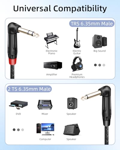 1/4" TRS to Dual TS Mono Insert Y Splitter Cable, Right Angle 1.8m | Right-angle 1/4" TRS stereo to dual TS mono Y-splitter for effects inserts.Gold-plated braided for Guitar,mixers,amps,pedals. - style: 90 6.35 TRS to 90 Dual 6.35 TS(5.9FT/1.8M)