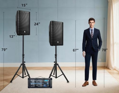 PRORECK Delta 126 2000W Bluetooth PA Speaker System with 6-Channel Powered Mixer, 2 12-Inch Passive Speakers, Stands, Reverb Effects, 15V Phantom Power. Perfect for DJs, Bands, Karaoke, Live Events - size: 12"+6 channel mixer