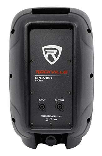 Rockville SPGN108 10" Passive DJ PA Speaker Pair Bundle with LED Stands | 800W Peak / 200W RMS Each, 8 Ohm, Sound Activated RGB, 2 RCTS1425 Speakon Cables, RFAAW Facade with Travel Bag, 7-Items