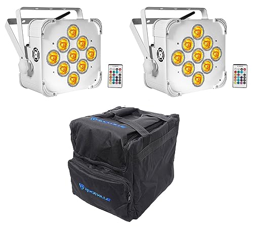 Rockville Best PAR 60 White RGBWA+UV Wash Light Pair Bundle with RLB40 Bag | Up to 18-Hour Rechargeable Battery, 13200 mAh, Wireless DMX, 9x6W LEDs, 6500 Lux, Remote, Flicker Free, Travel Bag, 3-Items