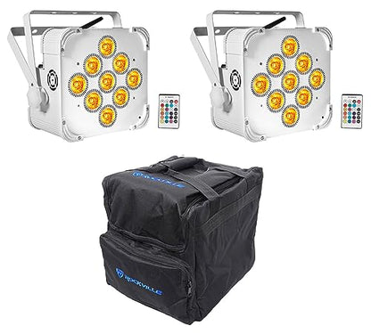 Rockville Best PAR 60 White RGBWA+UV Wash Light Pair Bundle with RLB40 Bag | Up to 18-Hour Rechargeable Battery, 13200 mAh, Wireless DMX, 9x6W LEDs, 6500 Lux, Remote, Flicker Free, Travel Bag, 3-Items