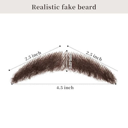Parceria Human Hair Curly Fake Beard and Mustache, Natural Looking Costume Facial Hair, Realistic Mustache Trimmable and Customizable Beard Invisible Lace for Men (QSH Brown Beard) - color: QSH Brown Beard