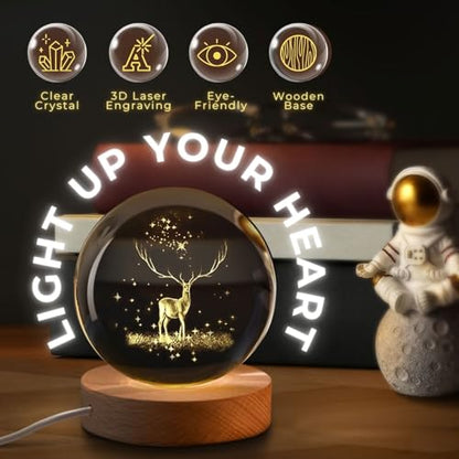 Flexzion 3D Elk Crystal Ball Night Light - LED Light Hologram Glass Lamp with Solid Wood Base, USB Powered Crystal Ball Lamp with Adjustable Brightness for Home Decor Display Gift, 2.4inch(60mm) | Elk Lamp with Solid Beech Wood Base and Adjustable Brightn