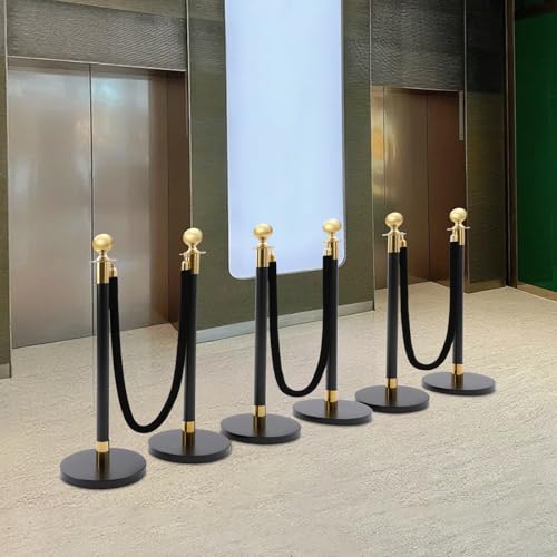 6Pcs Stainless Steel Stanchion Post, Crowd Control Barriers Red Carpet Poles with 5ft Velvet Ropes & 37.4in Posts, Line Dividers for Wedding Theater Party Hotel (Black & Gold) - color: Black & Gold