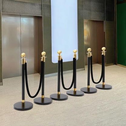 6Pcs Stainless Steel Stanchion Post, Crowd Control Barriers Red Carpet Poles with 5ft Velvet Ropes & 37.4in Posts, Line Dividers for Wedding Theater Party Hotel (Black & Gold) - color: Black & Gold