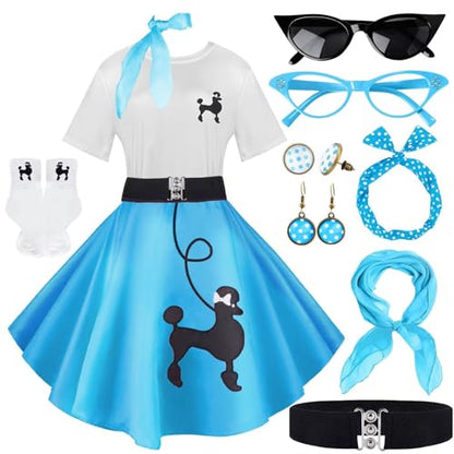 1950s Poodle Skirt Outfit Women 50s Sock Hop Costume T Shirt Accessories - color: Blue, size: XX-Large