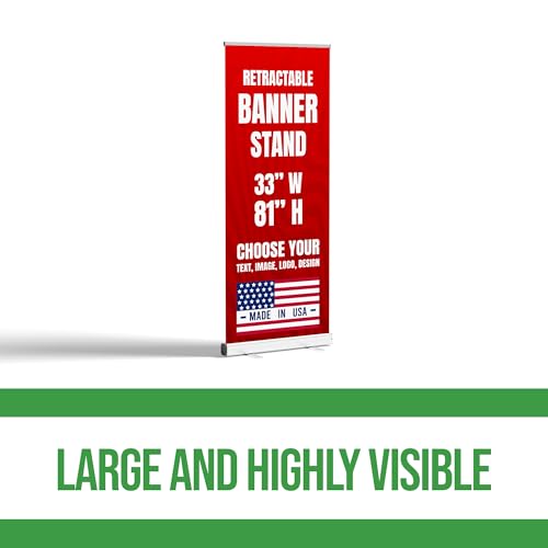 Custom vertical banner stand by Custom Boss retractable stand USA Made | Custom pop up banner stand 33x81 for trade show display, vendor booth display and grand opening banner, adjustable base - color: Retractable Banner
