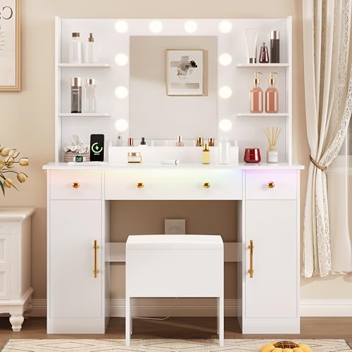 HUANLEGO Vanity Desk with Mirror and Lights, Makeup Vanity with Charging Station & Vanity Stool, 3 Drawers and Cabinets White Vanity Mirror with RGB LED Lights Vanity Desk and Chair for Women | Makeup Vanity Mirror with Lights Desk and Chair, Charging Sta