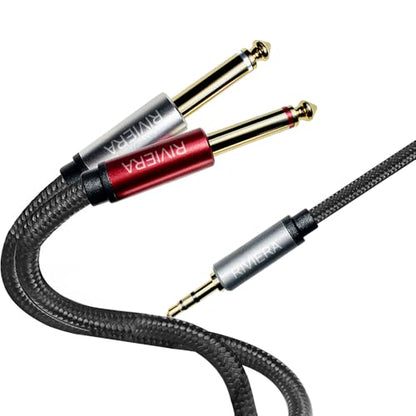 RIVIERA 20FT/6.0M Audio Cable 3.5mm 1/8" TRS to Dual 6.35mm 1/4" TS Braided Sheild Copper Wire and 24K Gold Plated Low Noise with Braided Nylon Jacket for Digital Players & Musical Instruments - color: 1/8 TRS-Dual 1/4 TS Black, size: 20FT/6.0M