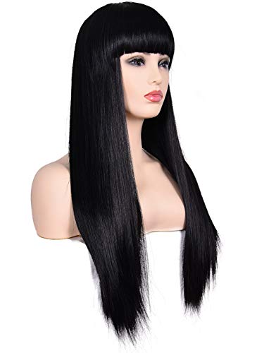 morvally Women's 26" Long Straight Black Synthetic Resistant Hair Wigs with Bangs Natural Looking Wig for Women Halloween Cosplay - color: Black