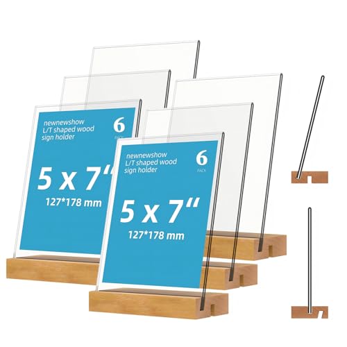 newnewshow 5"x7" Acrylic Sign Holder with Wood Base Wood Sign Holder Vertical or Slant Back Display for Store Office (6pack)
